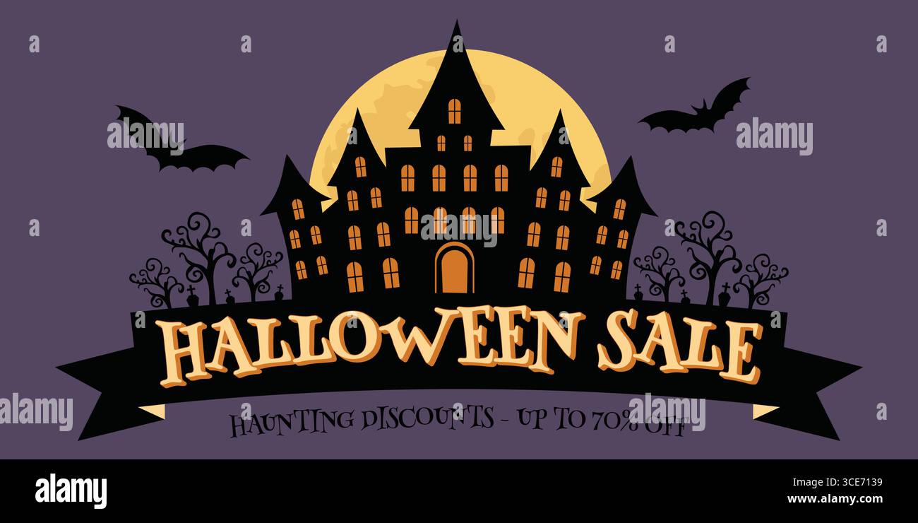 Halloween sale banner with haunted house bats and moon vector ...