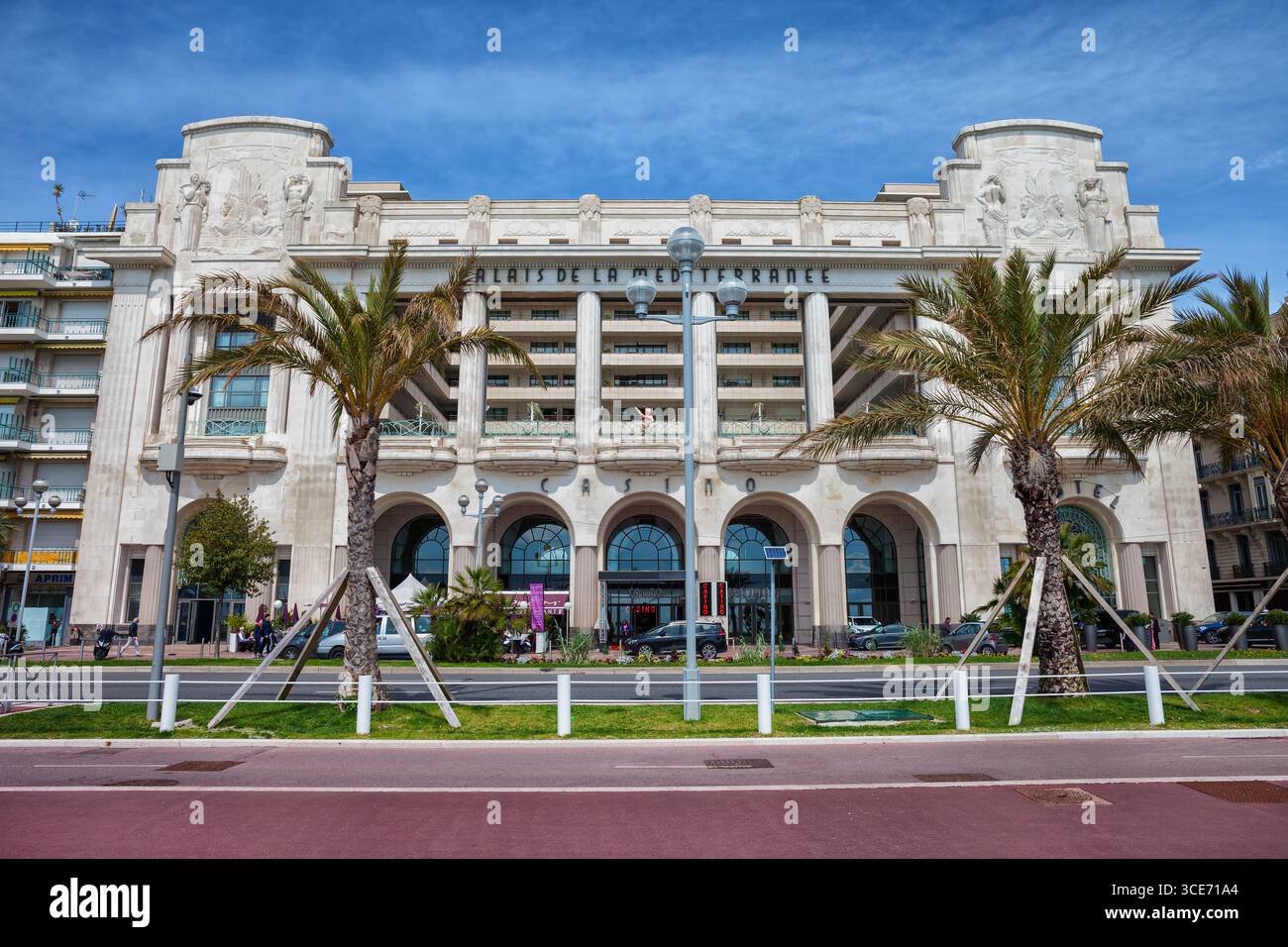 The Hyatt Regency Nice Palais de la Mediterranee luxury casino hotel, Casino Partouche Nice Palais De La Mediterranee on the Promenade des Anglais in Stock Photo