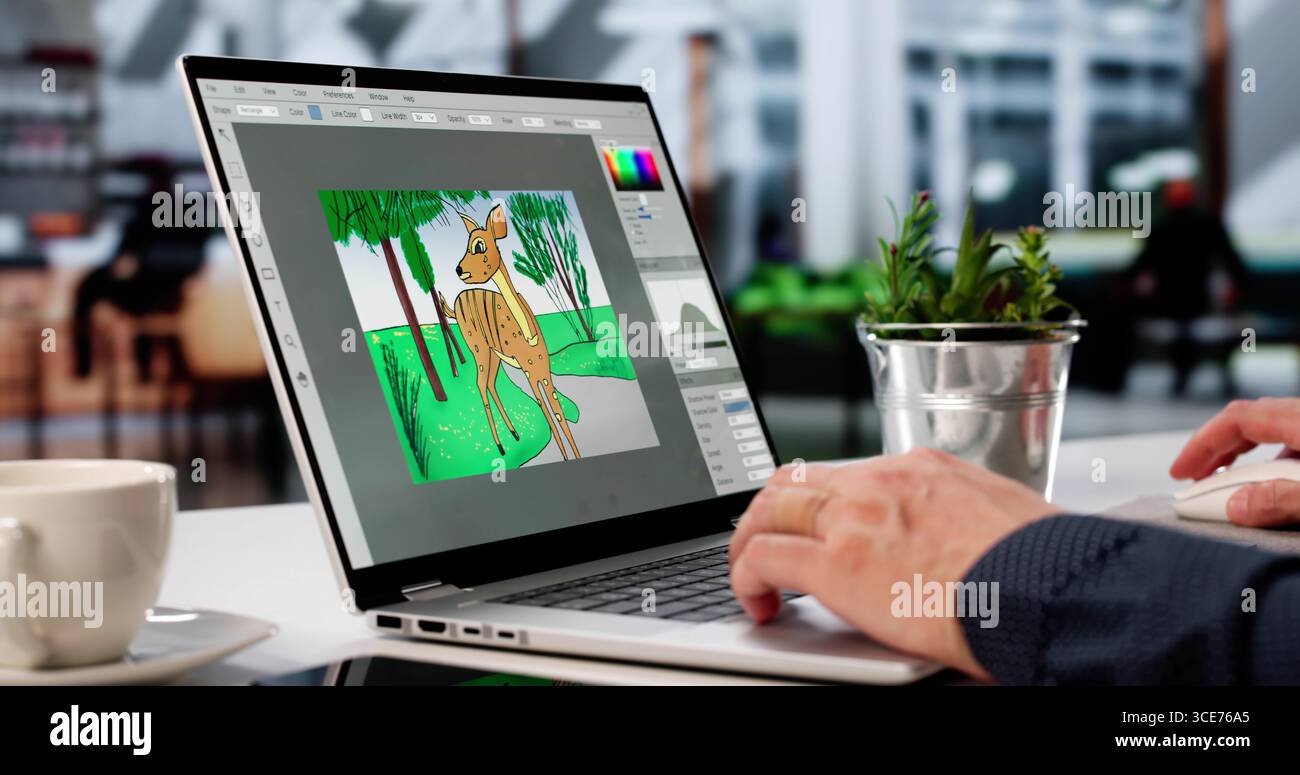Young Caucasian Man Skillfully Edits Photos And Graphics On Computer. Stock Photo