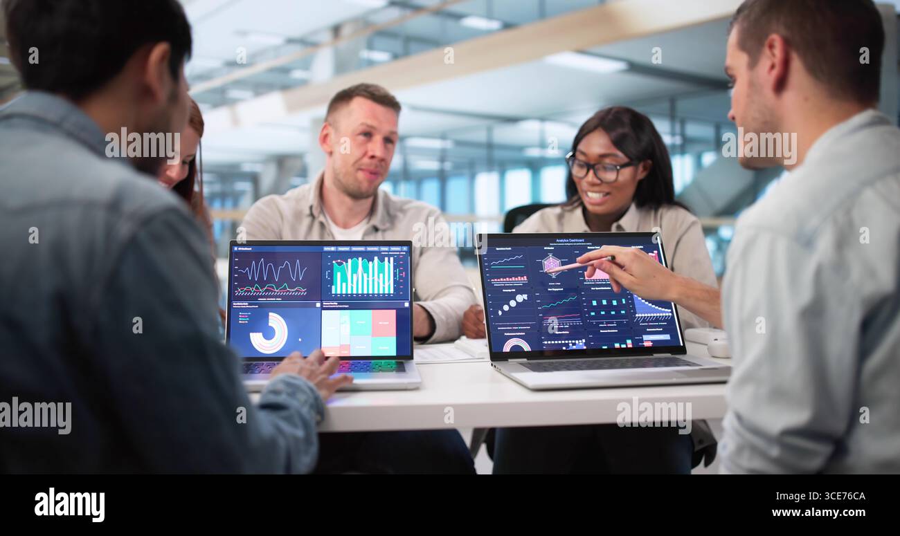 Multicultural Data Analyst Leading Virtual Meeting Using Predictive Analytics Stock Photo