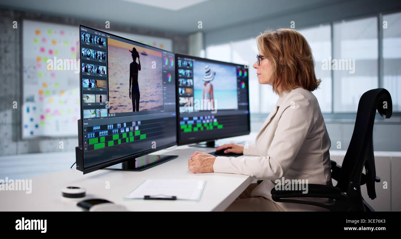 Skilled Senior Editor Creates Stunning Montage Using Custom Video Editing Software. Stock Photo