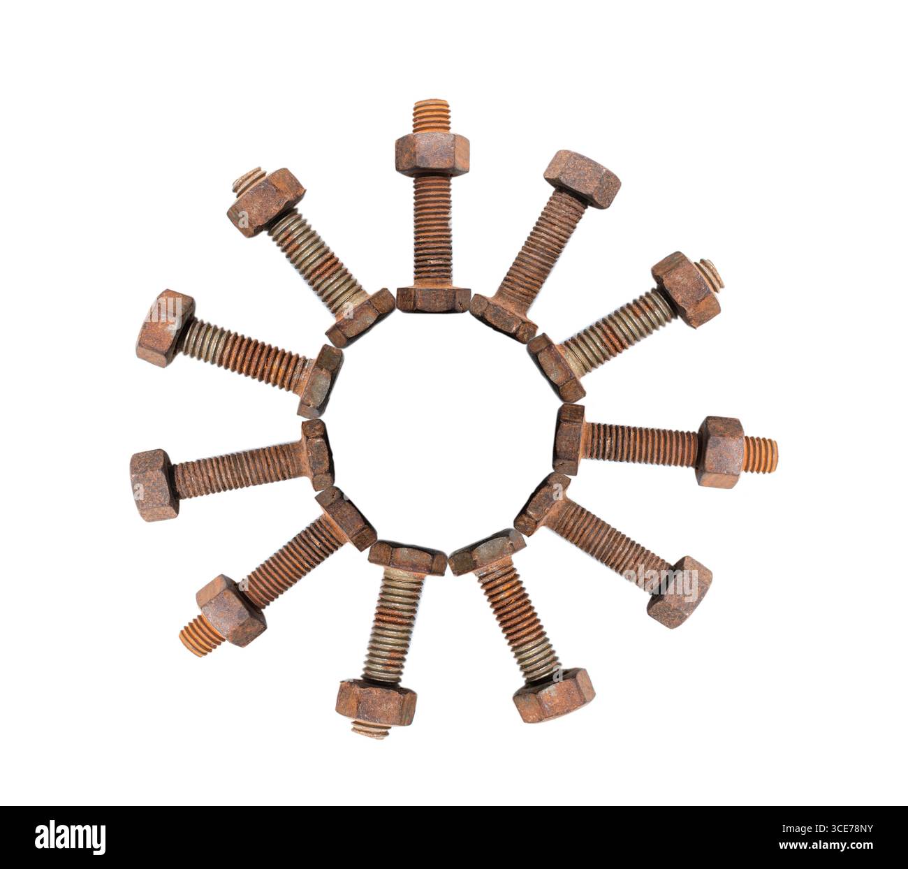 Old rusty bolt and nut over isolated on white background Stock Photo