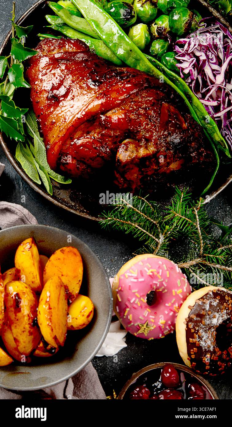 Christmas holidays table setting concept. Top view Stock Photo