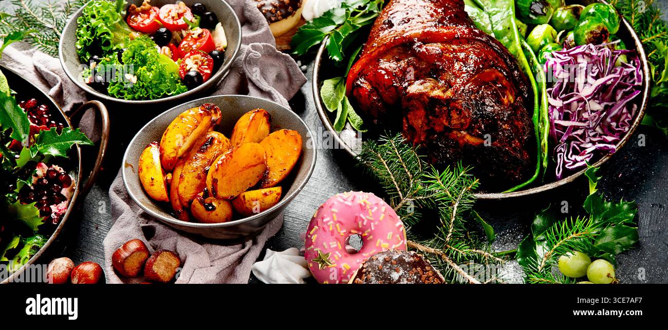 Christmas holidays table setting concept . Top view, flat lay Stock Photo