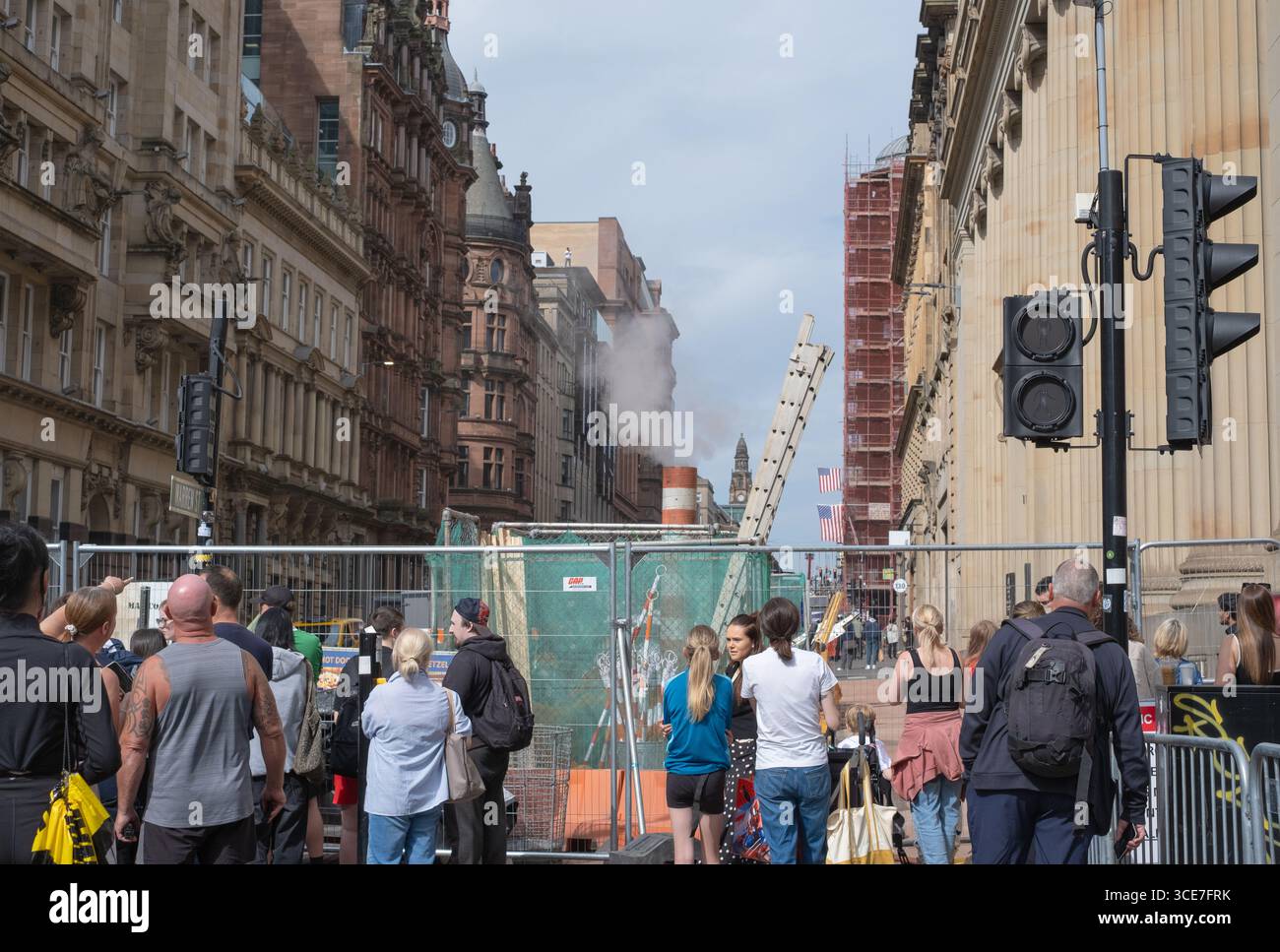 12th August 2025, St. Vincent Street, Glasgow, during filming for the latest Spider-Man film.  Former Bank of Scotland building on right hand side. Stock Photo
