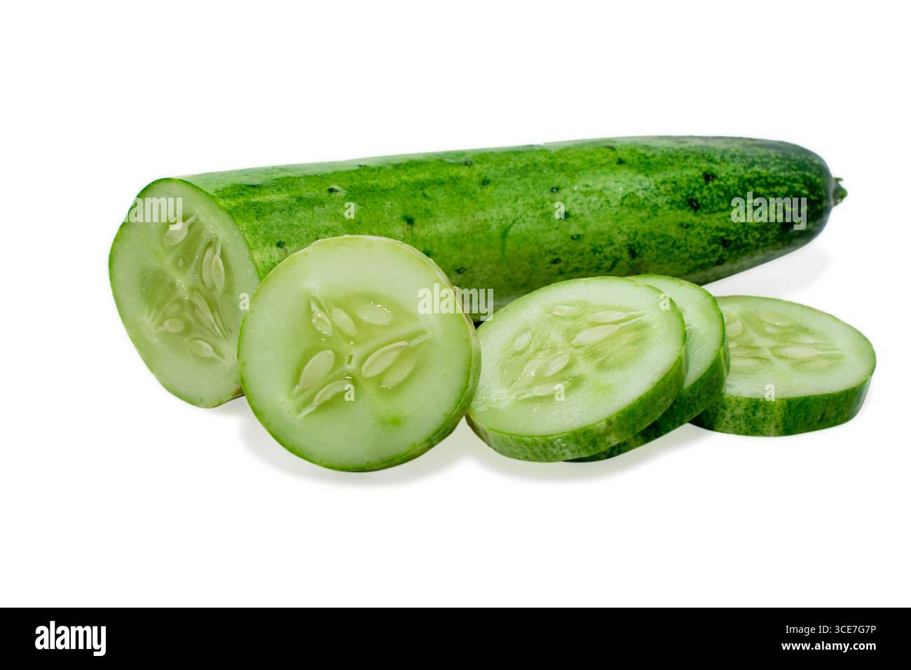 Cucumber and slices isolated on white background. Stock Photo