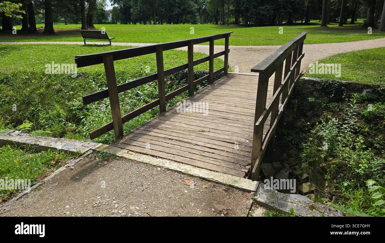 Classic wooden footbridge with black handrails spans a small green ...