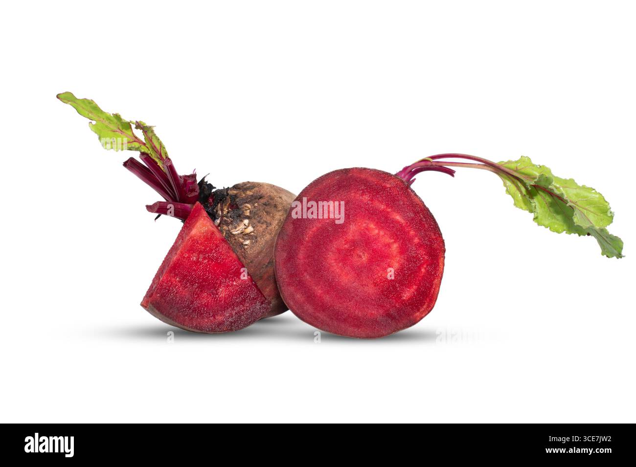 Closeup beetroot (beet root) and cut in half sliced isolated on white background. Stock Photo