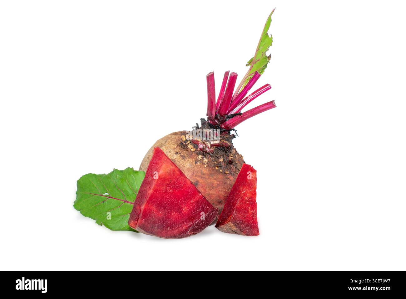 Closeup beetroot (beet root) and cut in half sliced isolated on white background. Stock Photo