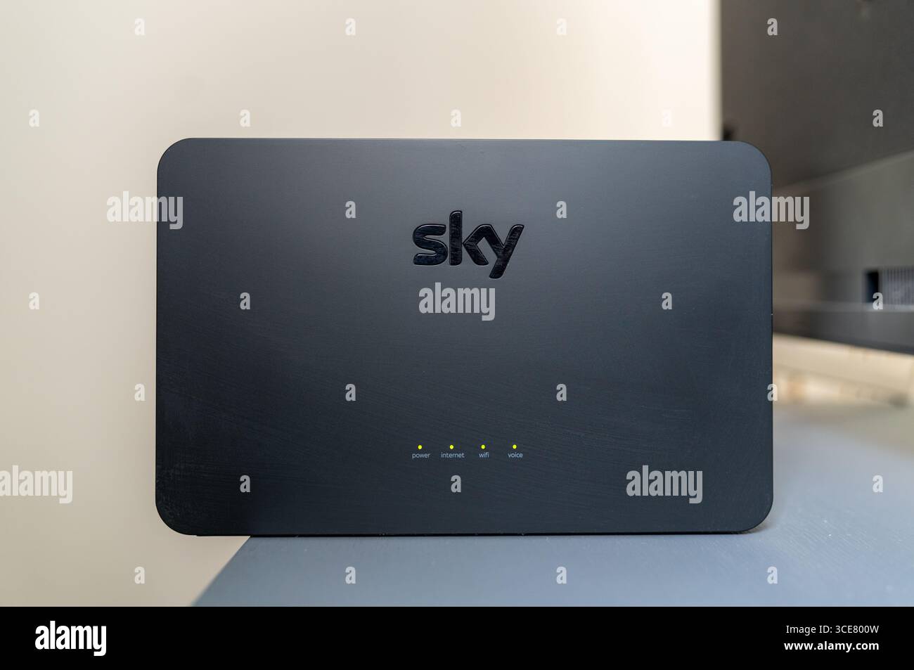 Sky broadband internet router box set up and operating delivering fast internet speeds to a home in Berkshire, England, UK Stock Photo