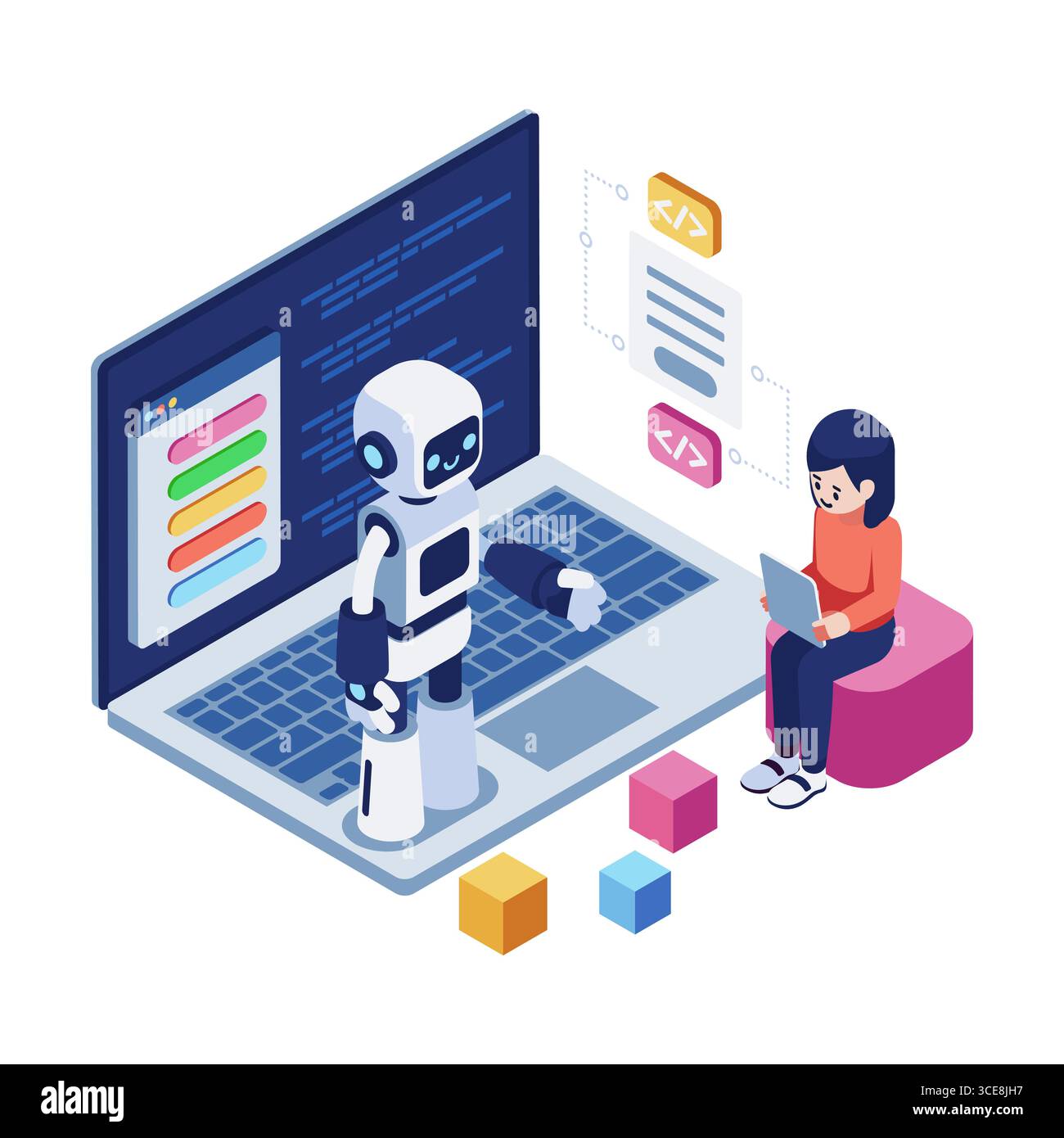 Isometric AI Robot Teaching Child Learn Coding. AI and Coding for Kid Concept Stock Vector