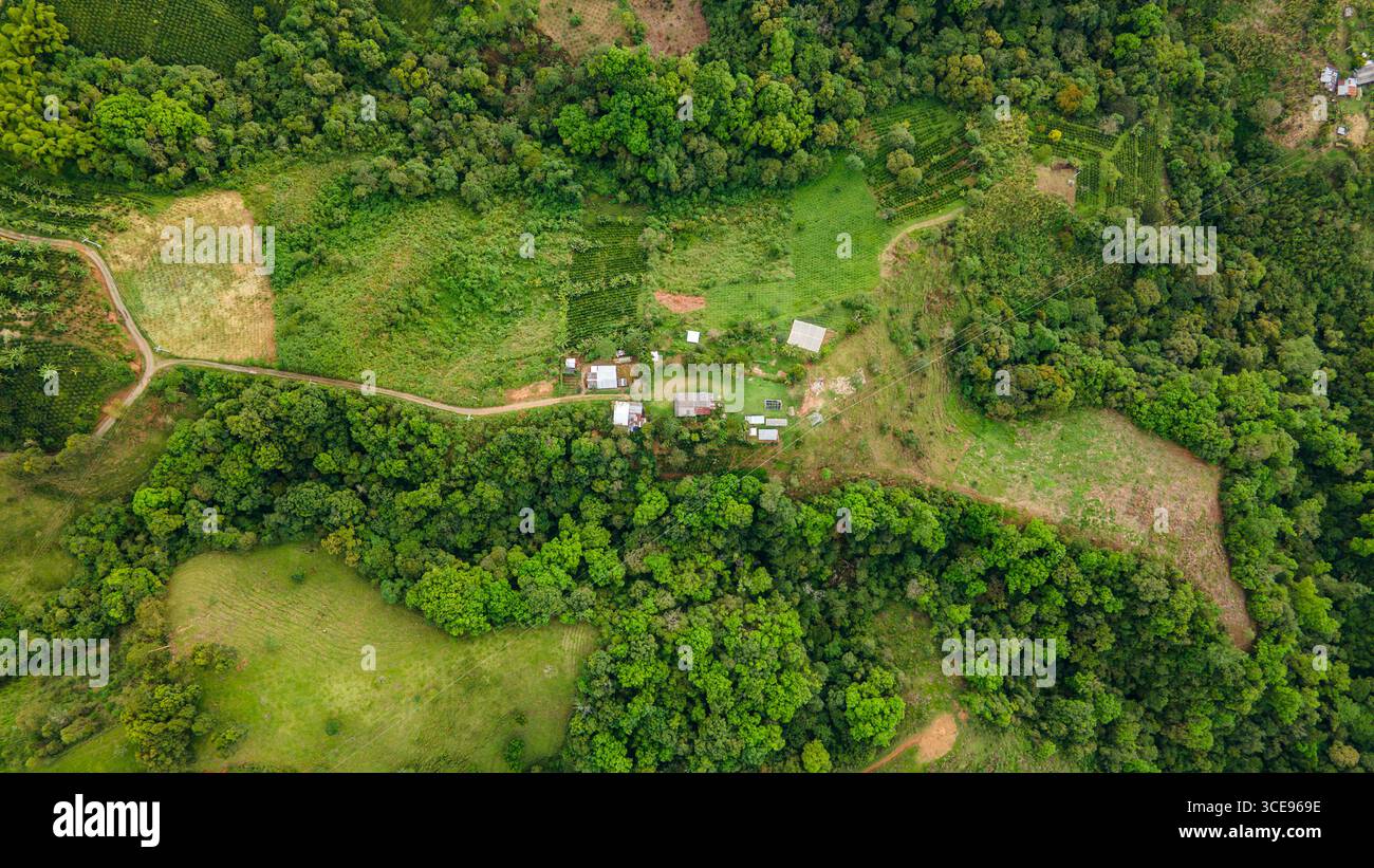 Stunning aerial perspective of lush green landscapes and small farmhouses in Popayán, Cauca, showcasing nature's beauty. Stock Photo