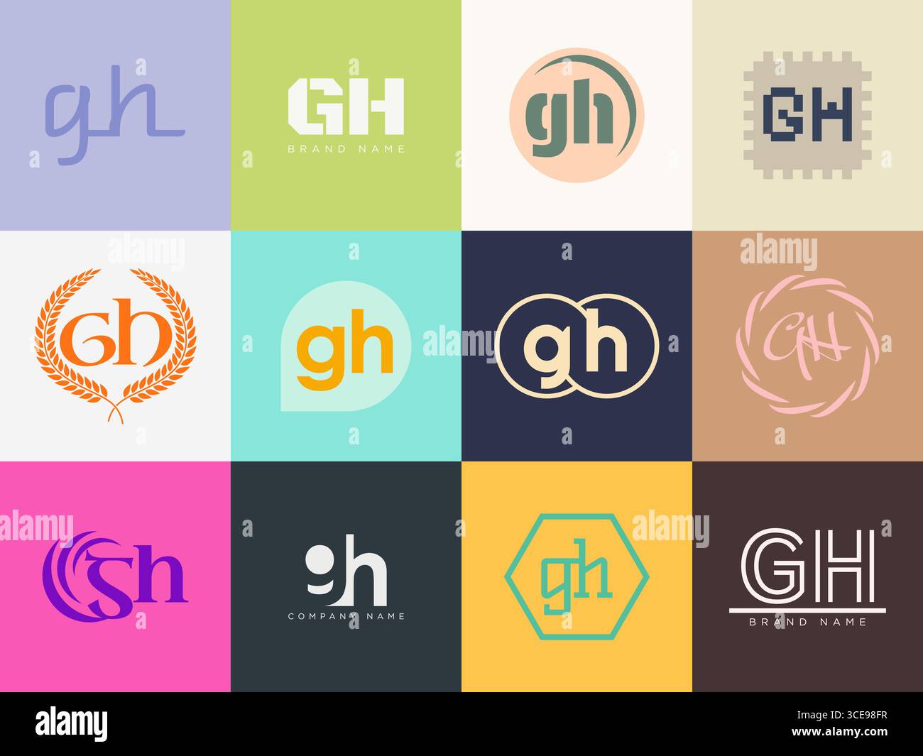 GH logo company template. Letter g and h logotype. Set different classic serif lettering and modern bold text with design elements. Initial font typog Stock Vector
