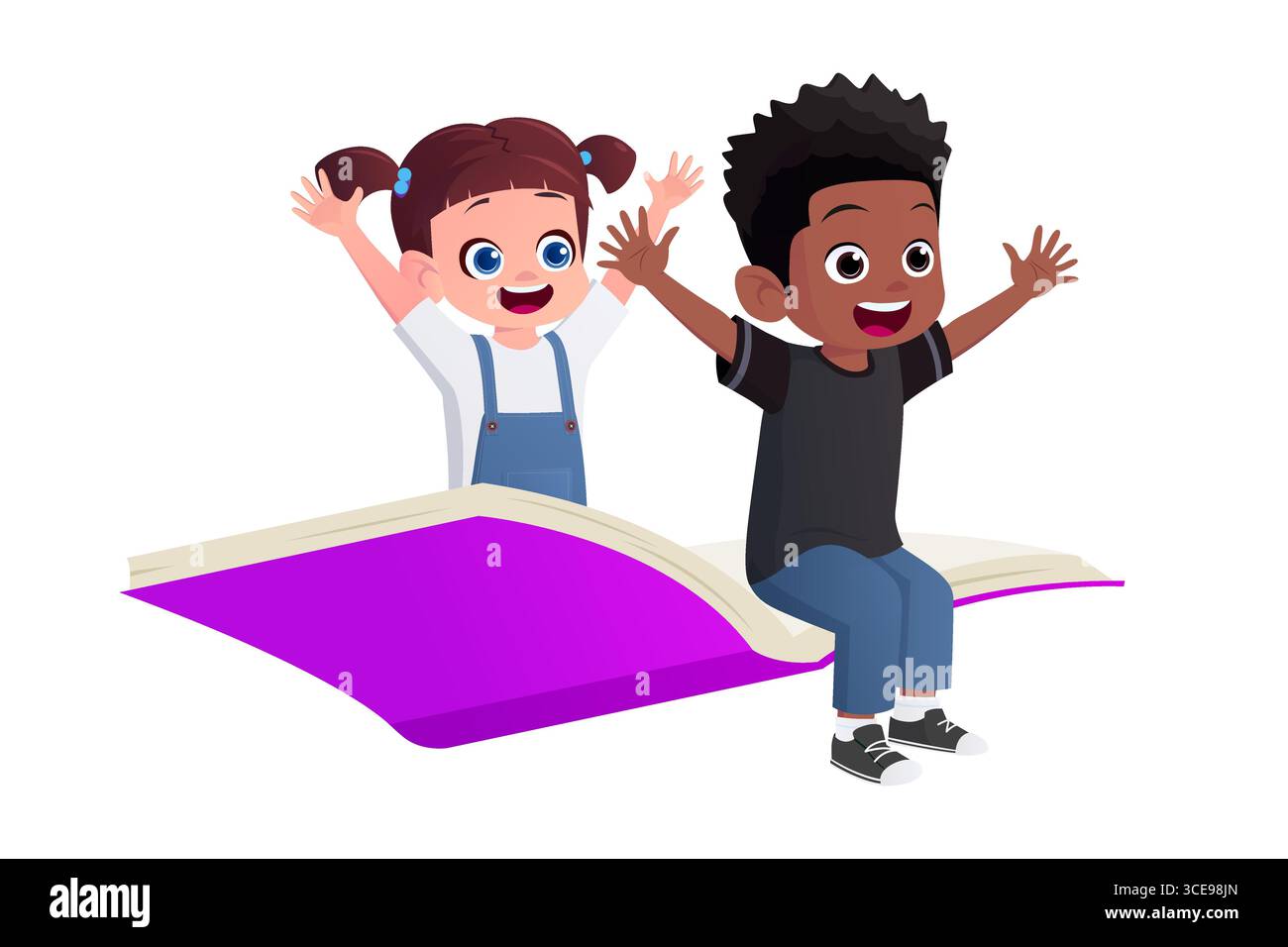 Kid Riding Books Cartoon Cartoon Boy And Girl Riding A Flying Book, Education Concept, Vector ...