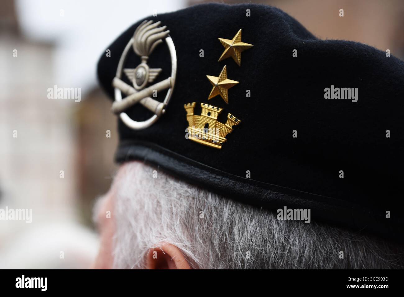 Close-up of Italian military veteran’s beret with medals and insignia ...