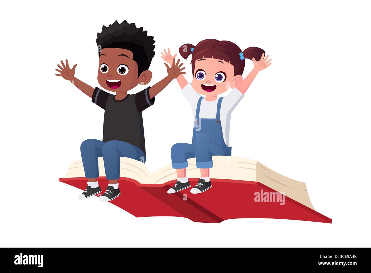 Kid Riding Books Cartoon Cartoon Boy And Girl Riding A Flying Book, Education Concept, Vector ...