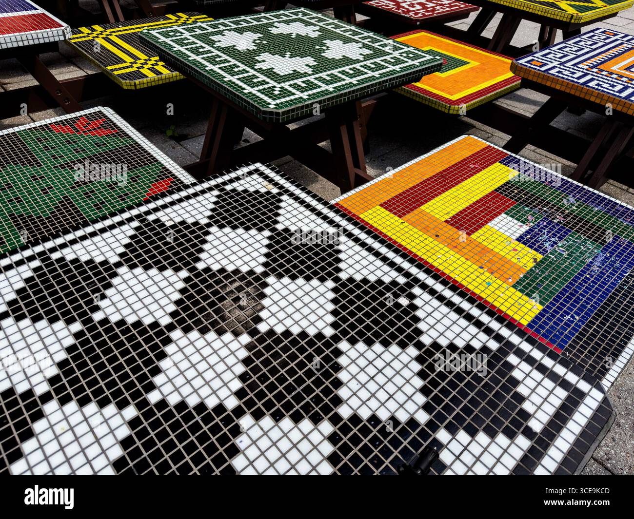 Colorful patterned outdoor table tops Stock Photo