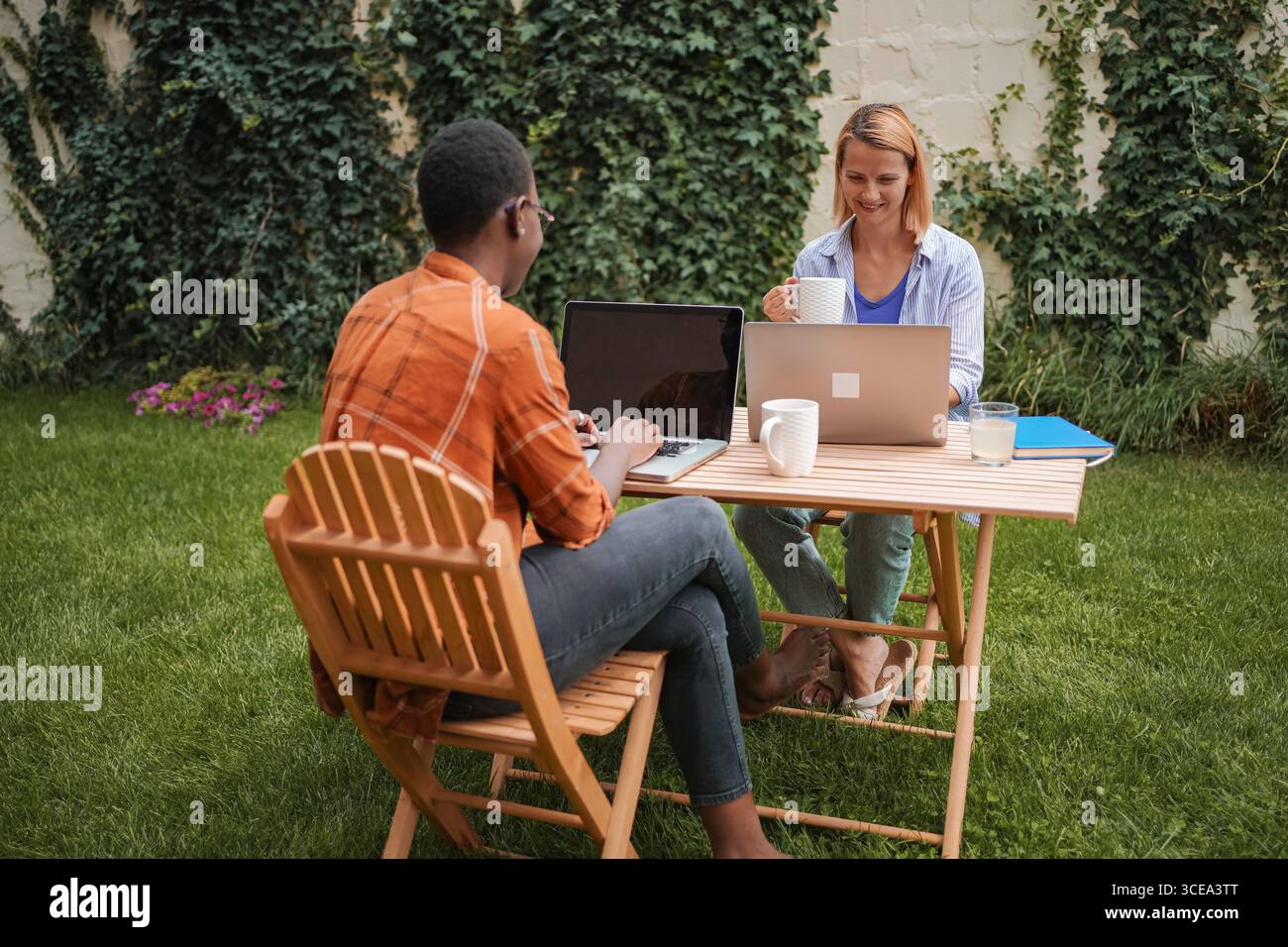 Two young professionals working remotely on laptops in a garden Stock Photo