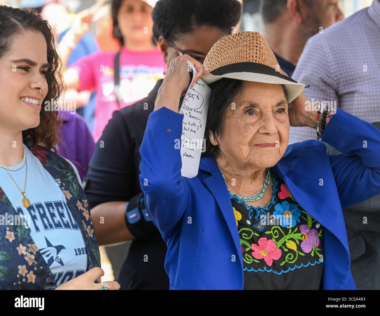 Austin, United States. 16th Aug, 2025. Feminist activist and labor leader DOLORES HUERTA, co-founder of the National Farm Workers (NFWA) appears at the Texas Capitol to help Democrats during a 'Fight The Trump Takeover' progressive rally at the Texas Capitol in Austin on August 16, 2025. Hundreds of Democrats and progressive Texans decried Republican redistricting efforts and Gov. Greg Abbott's handling of flood relief. Credit: Bob Daemmrich/Alamy Live News Stock Photo