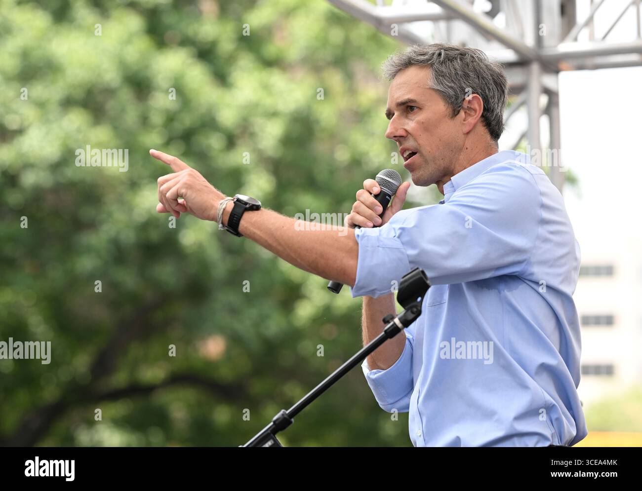 Austin, United States. 16th Aug, 2025. Former Congressman BELO O'ROURKE of El Paso gives the final speech during a 'Fight The Trump Takeover' progressive rally at the Texas Capitol in Austin on August 16, 2025. Hundreds of Democrats and progressive Texans decried Republican redistricting efforts and Gov. Greg Abbott's handling of flood relief. Credit: Bob Daemmrich/Alamy Live News Stock Photo