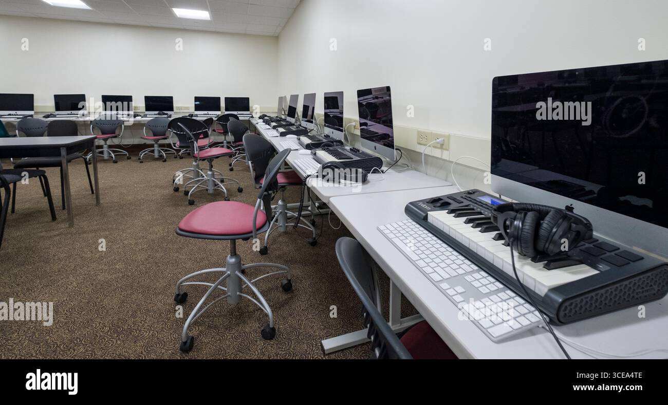 Computer music laboratory in the lower level of Alden Memorial auditorium, Worcester Polytechnic Institute, Worcester, Worcester County, Massachusetts Stock Photo