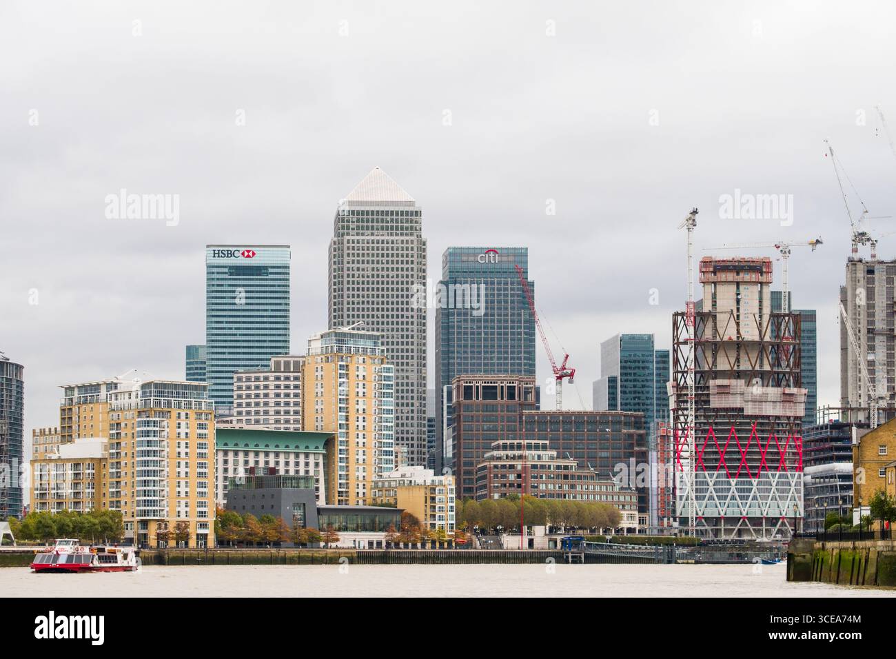 High rise office towers located at Canary Wharf seen from the River ...