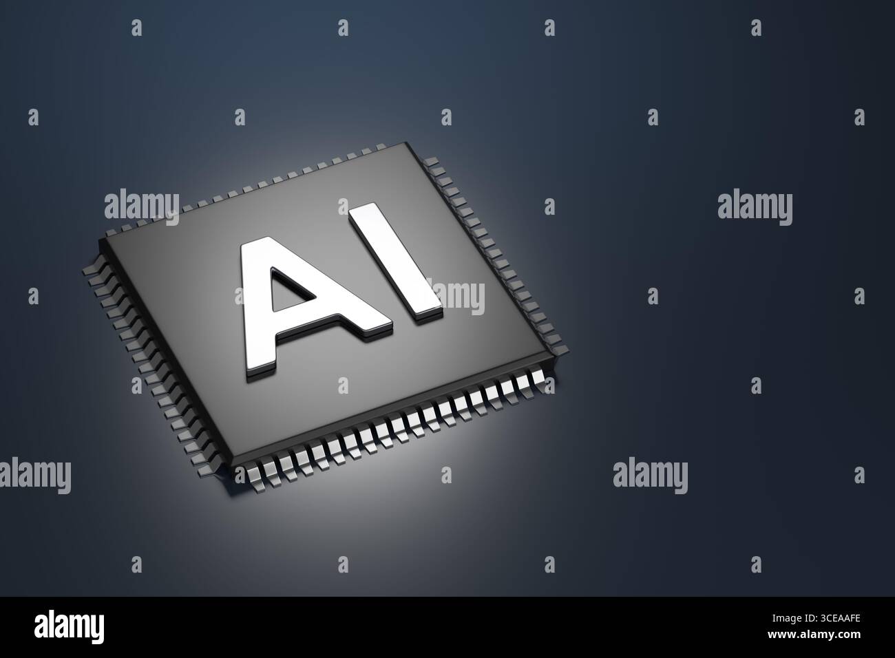 Computer chip with the acronym AI with copy space. Artificial intelligence concept. 3D illustration. Stock Photo