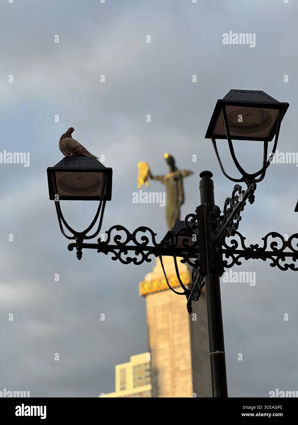 Batumi ornate lamppost with a pigeon fitted on top, with the majestic Monument of Medea visible in the background. - Smartphone Captured Stock Image