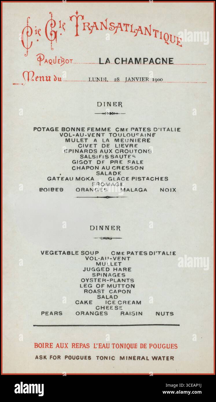 VINTAGE OCEAN LINER MENU CARD DINNER [held by] CIE TRANSATLANTIQUE [at] SS LA CHAMPAGNE  Date 1900 Vintage ocean liner menu card for a dinner held by the Compagnie Générale Transatlantique (French Line) aboard the SS La Champagne, dated 1900. The menu reflects the elegance and formality of early 20th-century transatlantic travel, when luxury liners offered elaborate dining experiences to passengers. The Compagnie Générale Transatlantique was renowned for its service and cuisine, and La Champagne was one of its notable steamships operating between France and New York at the turn of the century. Stock Photo