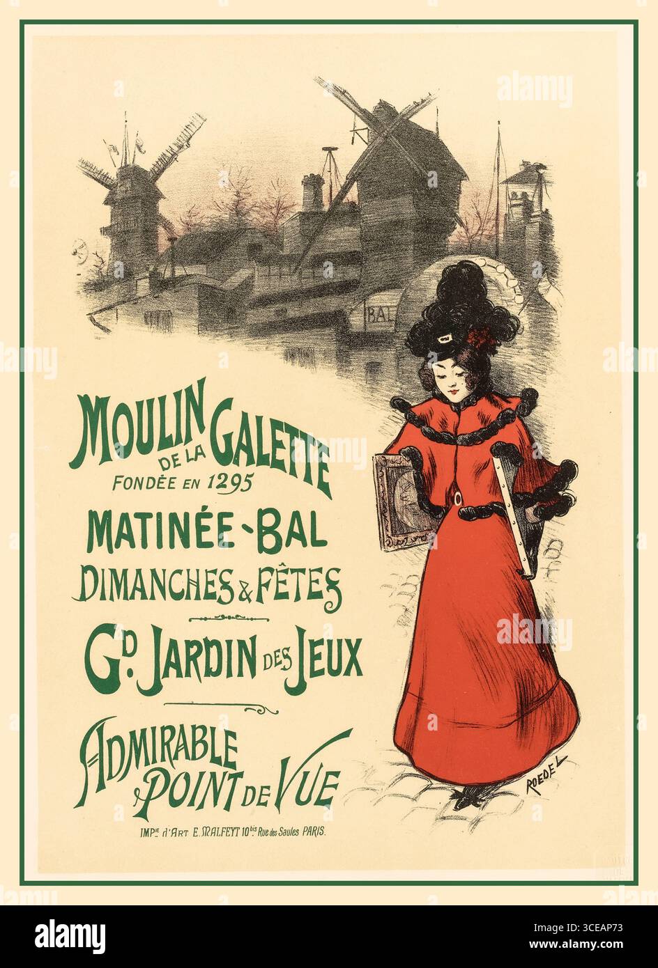 MOULIN DE LA GALETTE 1900's Vintage French Entertainment Poster Moulin de la Galette Montmartre Paris France The Moulin de la Galette is a windmill and associated businesses situated near the top of the district of Montmartre in Paris. In the 19th century, Le Moulin de la Galette represented diversion for Parisians seeking entertainment, a glass of wine and bread made from flour ground by the windmill. Artists, such as Renoir, van Gogh, and Pissarro have immortalized Le Moulin de la Galette the most notable was Renoir's festive painting, Bal du moulin de la Galette.  Auguste Roedel Date 1895 Stock Photo