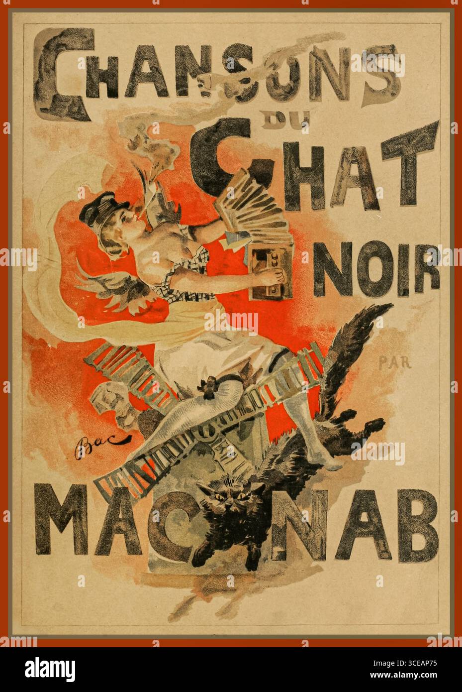 VINTAGE FRENCH POSTER Chansons du Chat noir Poster by Maurice Mac-Nab Paris France Le Chat Noir: This was a famous 19th-century Parisian cabaret in Montmartre, known for its artistic and bohemian atmosphere.  Maurice Mac-Nab: A French chansonnier and poet, Mac-Nab was a prominent figure associated with Le Chat Noir, performing his songs there.  ‘’Chansons du Chat Noir':This refers to collections of songs written and performed by Mac-Nab, often characterised by their satirical or humorous content. Stock Photo