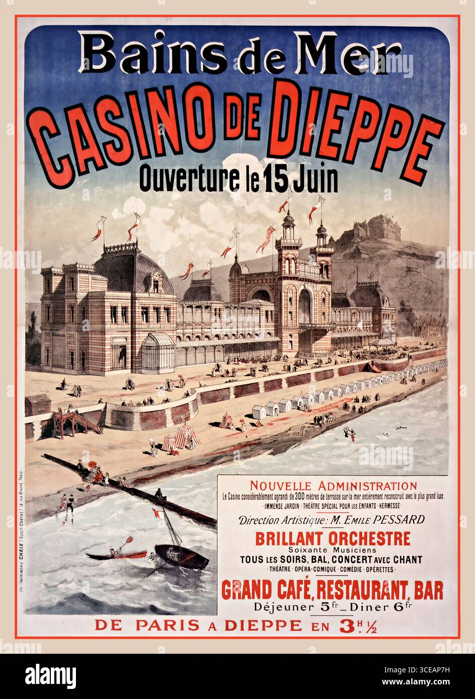 CASINO DE DIEPPE VINTAGE POSTER Bains de mer. Casino de Dieppe. Ouverture le15 juin [1886]  artistic director M. Emile Pessard, grand café, restaurant, bar affiche] / Poster artist Chéret, Jules (1836-1932). Illustrateur Publisher : Imprimerie Chaix (Succ[ursa]le Chéret 18, rue Brunel (Paris)  1886 Hôtels Casinos Stations balnéaires Dieppe  Seine-Maritime, France Stock Photo