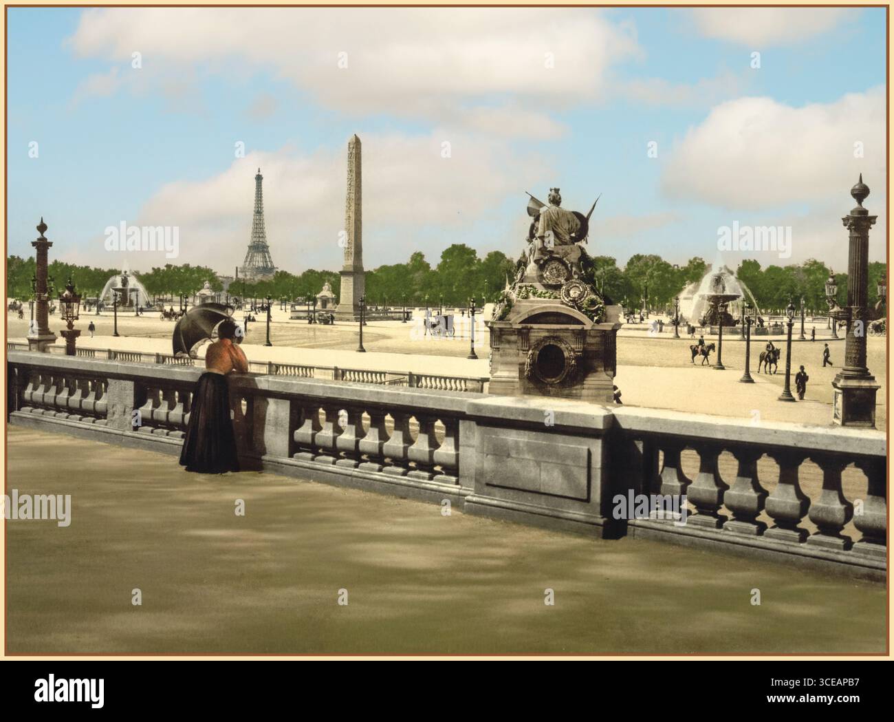 VINTAGE PARIS PLACE DE LA CONCORDE OBELISK EIFFEL TOWER  Place de la Concorde, Paris, France Date between 1890 and 1900 photochrom, color technique Stock Photo