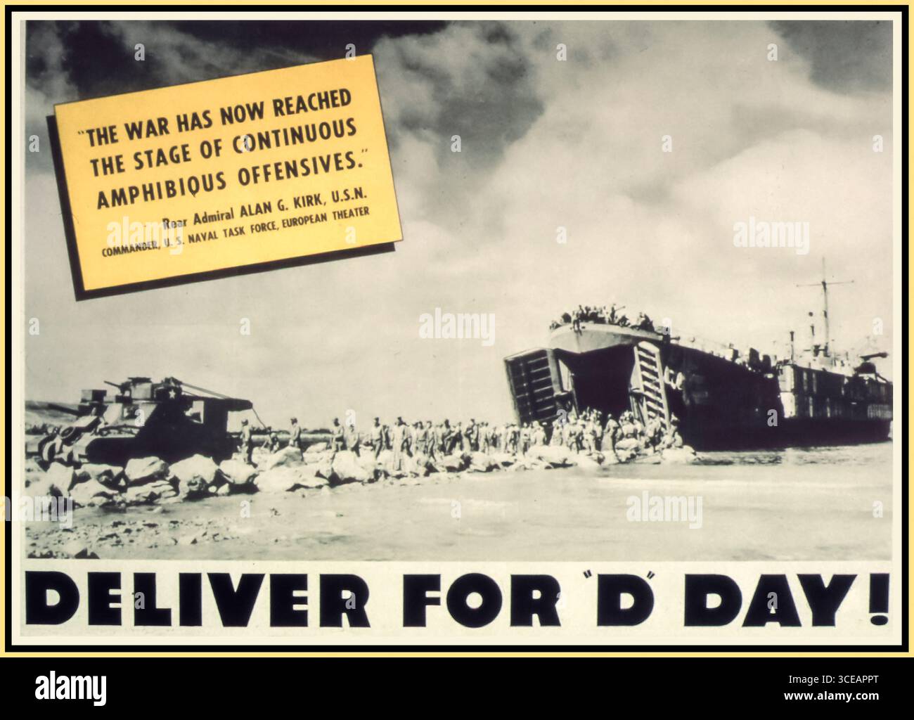 'Deliver for 'D' Day! Propaganda poster for WW2 invasion of Northern France June 1944 The poster features an amphibious landing scene, with troops disembarking from landing craft onto a beach, illustrating the 'continuous amphibious offensives' mentioned in the text. A call to action, encouraging civilians and workers to contribute to the war effort in support of the Normandy landings. Stock Photo