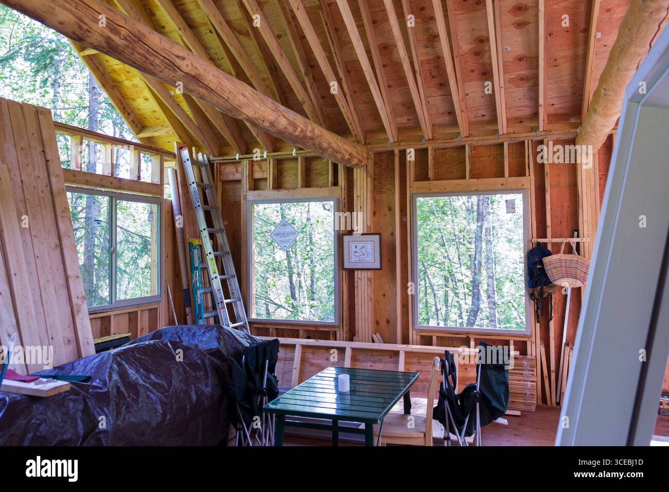 View of framing inside remote off-grid Alaskan cabin under construction ... - Off-Grid Aluminum Framing Construction
