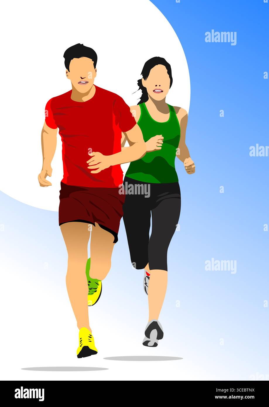 The running people. Vector 3d hand drawn  illustration Stock Vector
