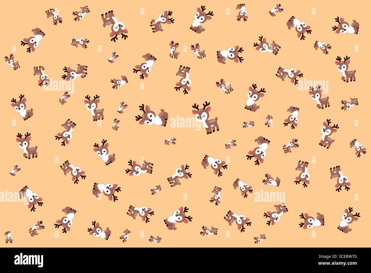 Deer Cartoon Pattern Vector in white, black and brown on soft orange background Stock Vector