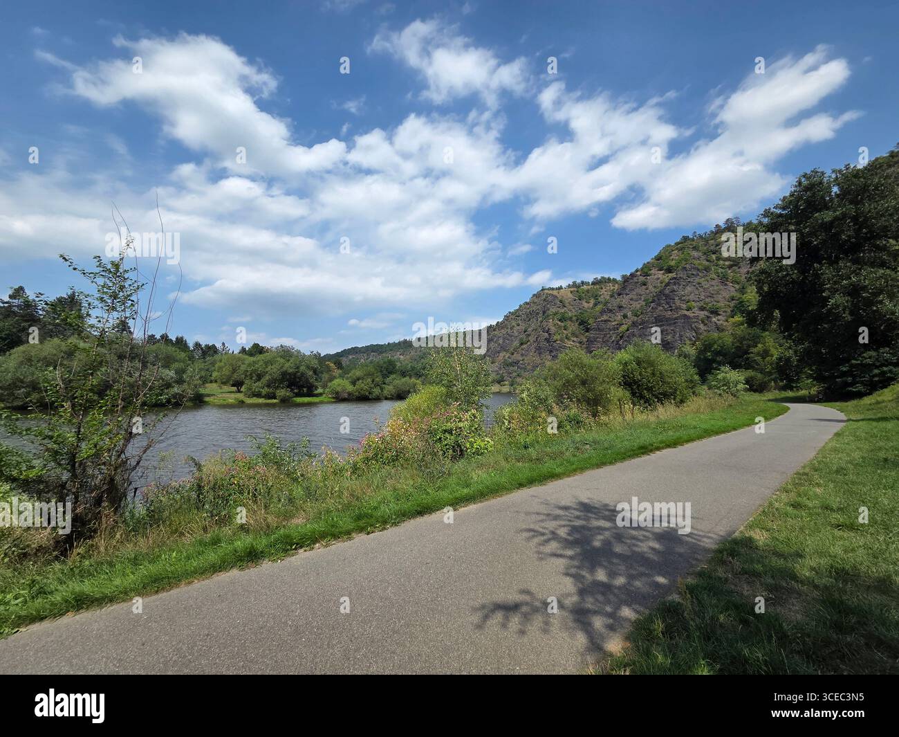 The scenic cycling path to Vrané nad Vltavou runs alongside the Vltava River in the Czech Republic on a beautiful and sunny summer day. - Smartphone Captured Stock Image
