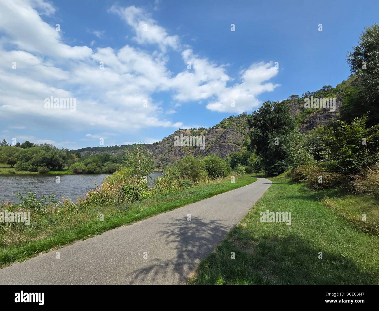 The scenic cycling path to Vrané nad Vltavou runs alongside the Vltava River in the Czech Republic on a beautiful and sunny summer day. - Smartphone Captured Stock Image