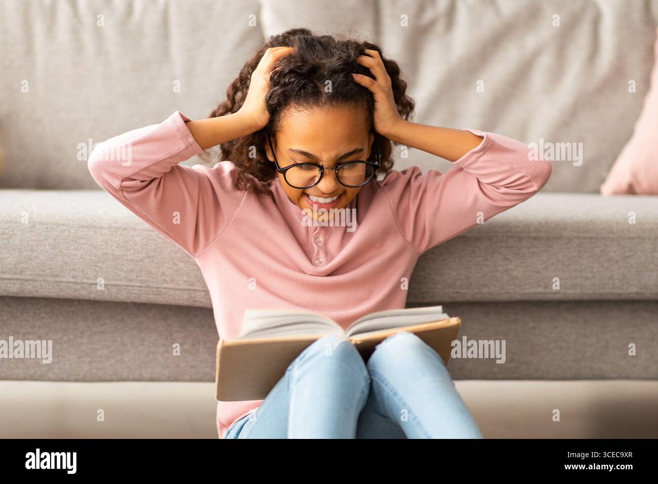 Difficulty of home education. Angry black teen girl doing school ...