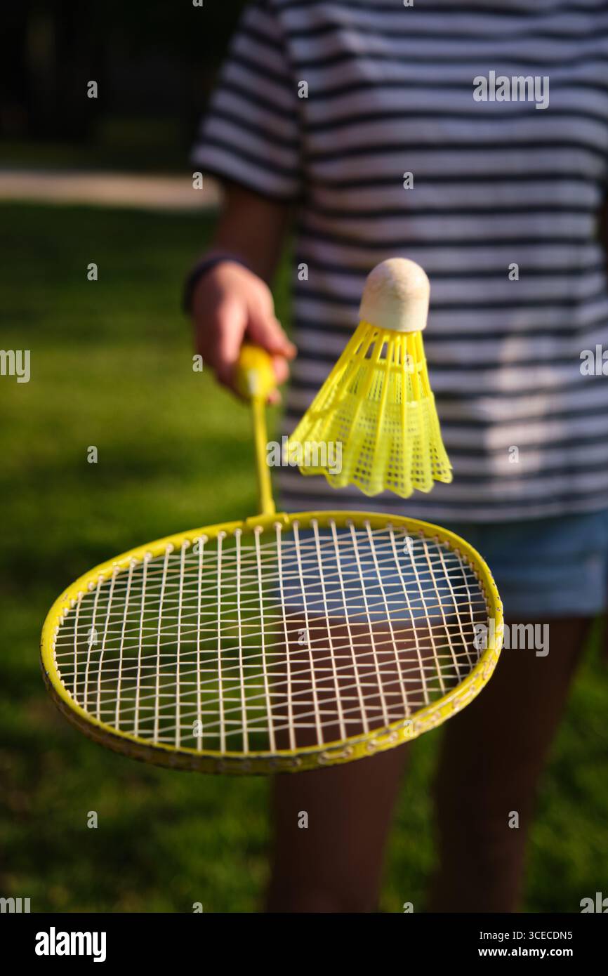 badminton shuttlecock on a racket close-up Stock Photo