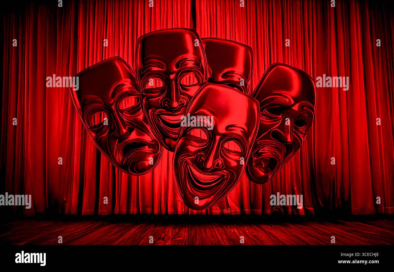 disturbing masks dance in front of the still closed red curtain Stock ...