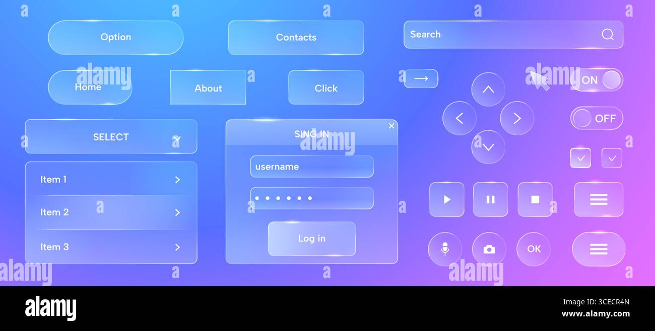 Glass ui elements. Round website buttons with icons, glassmorphism button user interface controls and web site layout elements. Vector modern glass Stock Vector