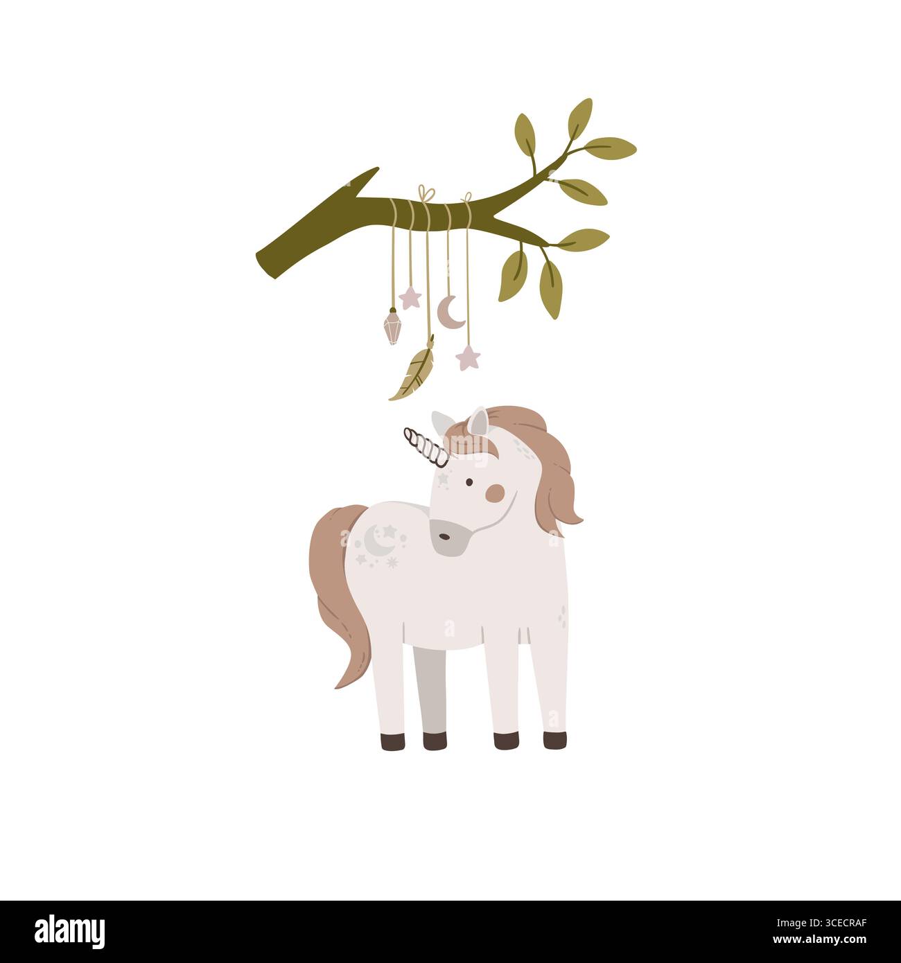 Hand drawn cute unicorn with leaves isolated on white background. Magic horn vector illustration. Childish cartoon poster with fairytale animal, invit Stock Vector