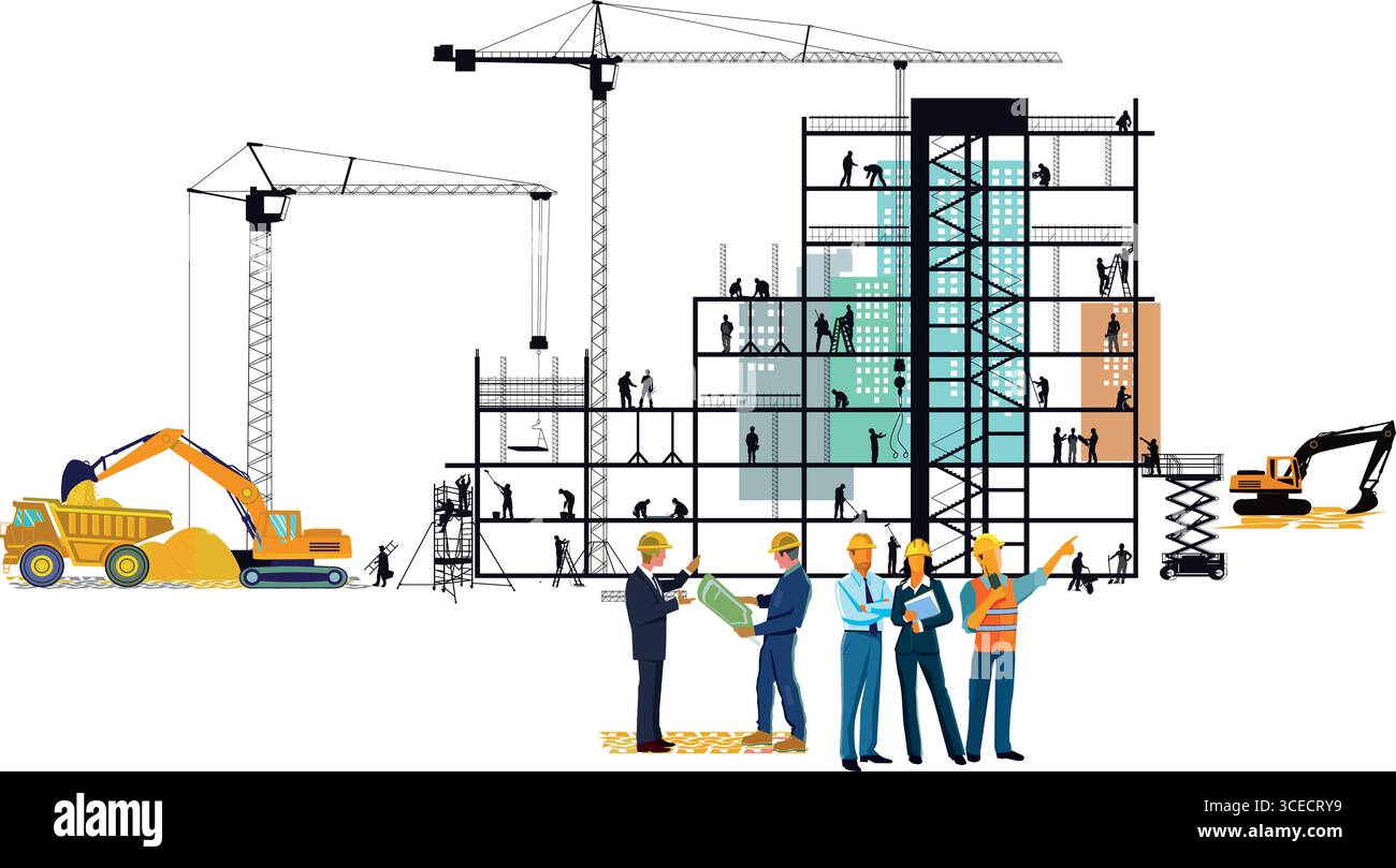 Construction site with construction workers and architects illustration ...