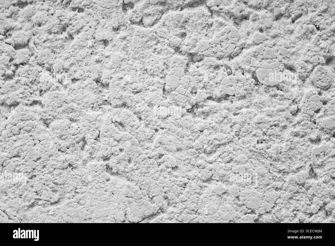 A detailed close-up image of a white concrete surface, showcasing its rough and intricate texture. The image highlights natural imperfections and a un Stock Photo