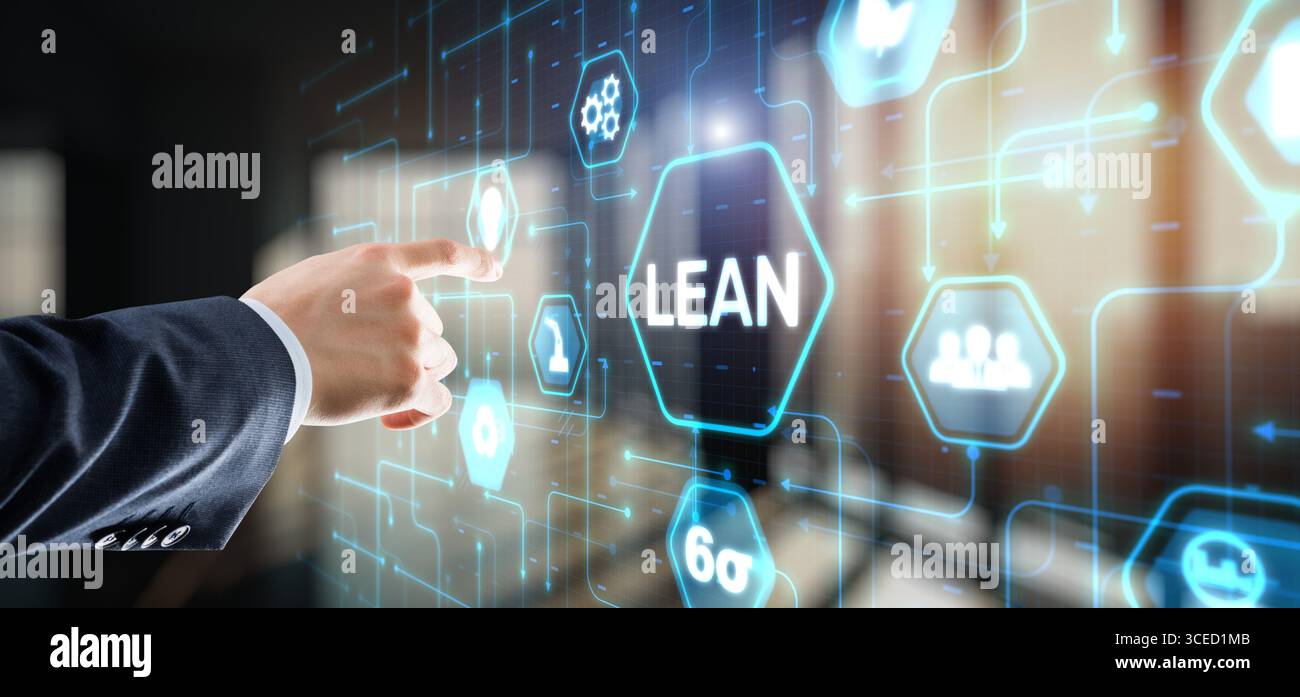 Lean manufacturing. Quality and standardization. Icon on Virtual screen. Stock Photo