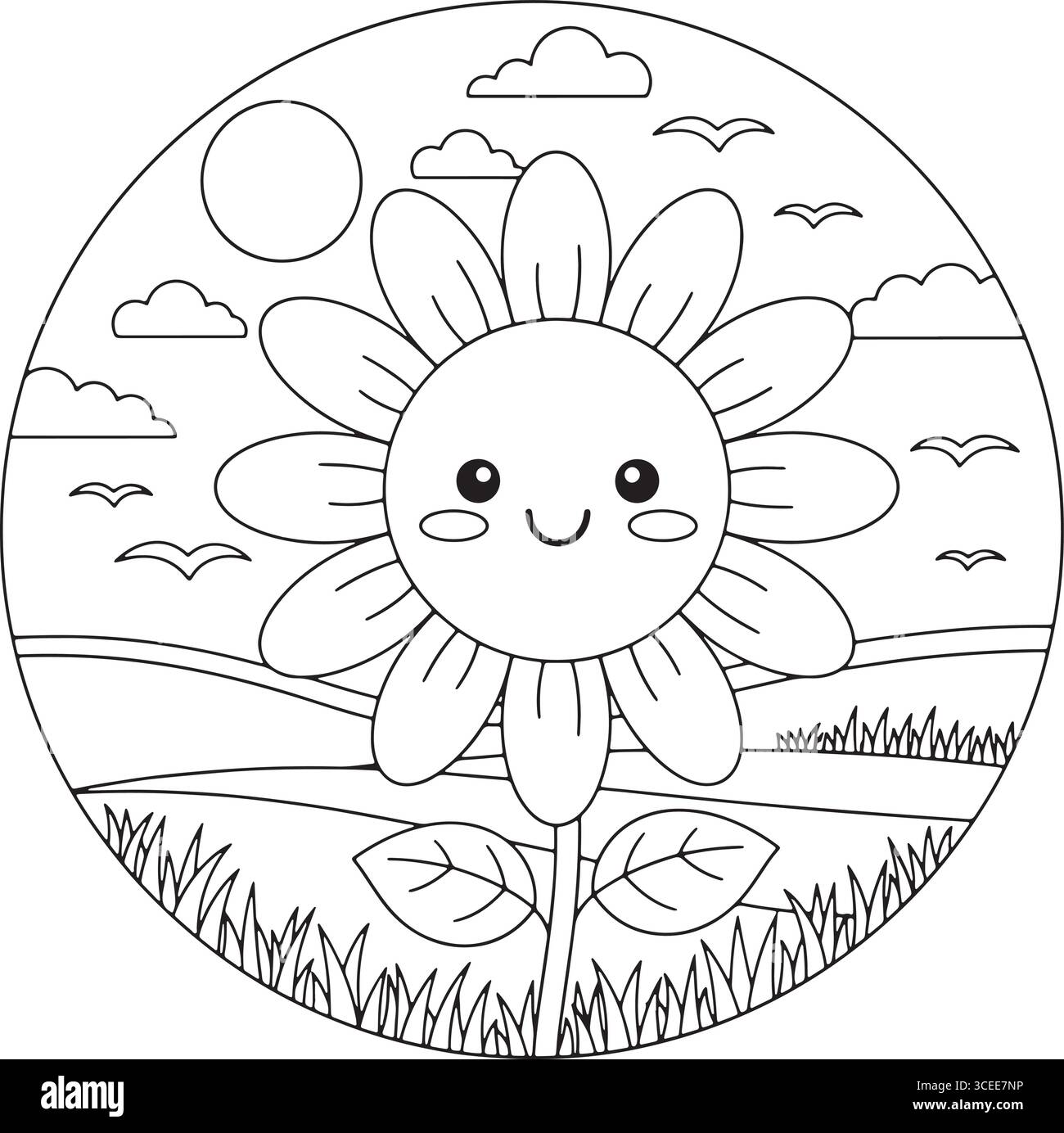 Smiling sunflower in a field with birds and sun coloring page Stock Vector