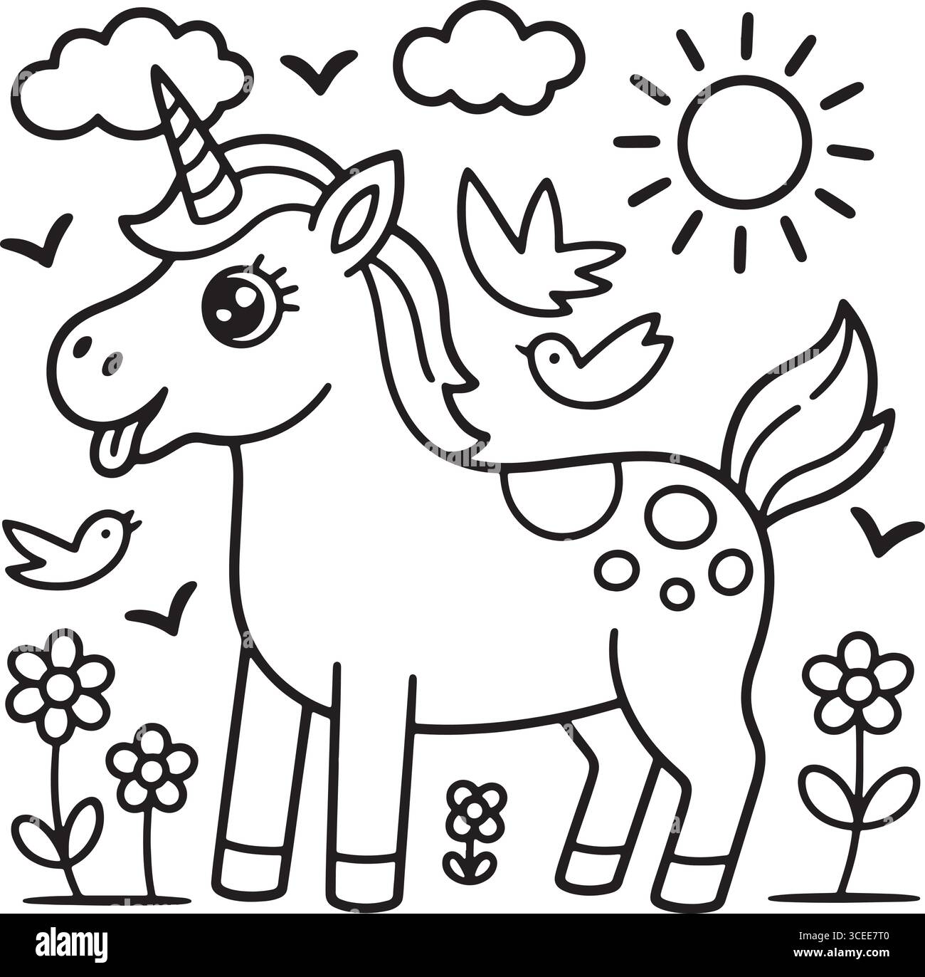 Cute unicorn with birds, flowers, and sun on a white background Stock Vector