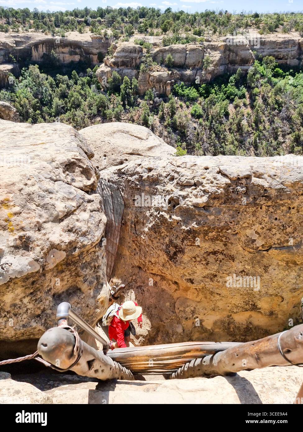 View from above on wooden stairs going down a rock cliff in Mesa Verde National Park Colorado United States on a tour to one of the ancient dwellings - Smartphone Captured Stock Image